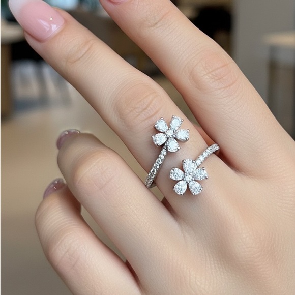 Jewelry - NWT Sterling Silver 2 Carat Simulated Diamond Double Floral Adjustable Ring